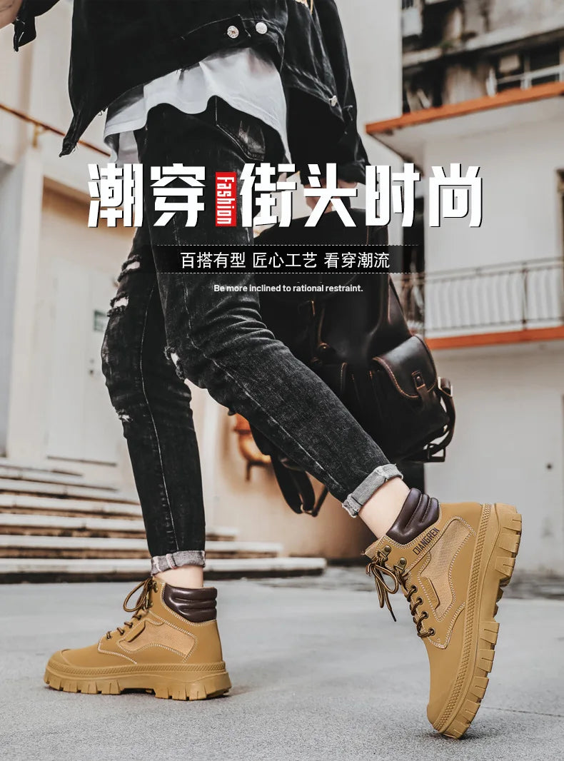 Men's Boots Fashion Motorcycle Ankle Boots High Top Casual Shoes for Men Lace Up Platform Boot Non Slip Hiking Boot Botas Hombre