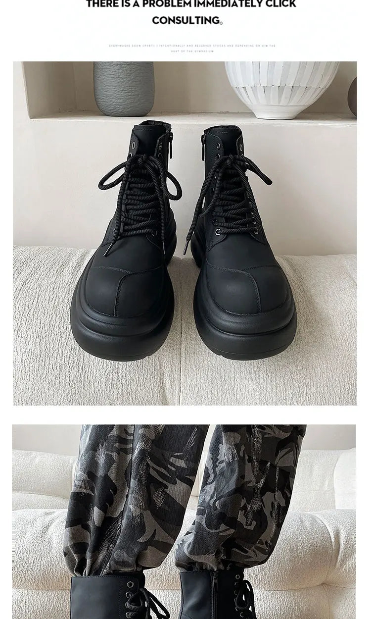 Black boots for men thick sole 7CM height increase high top motorcycle boots trendy and fashionable outdoor workwear shoes