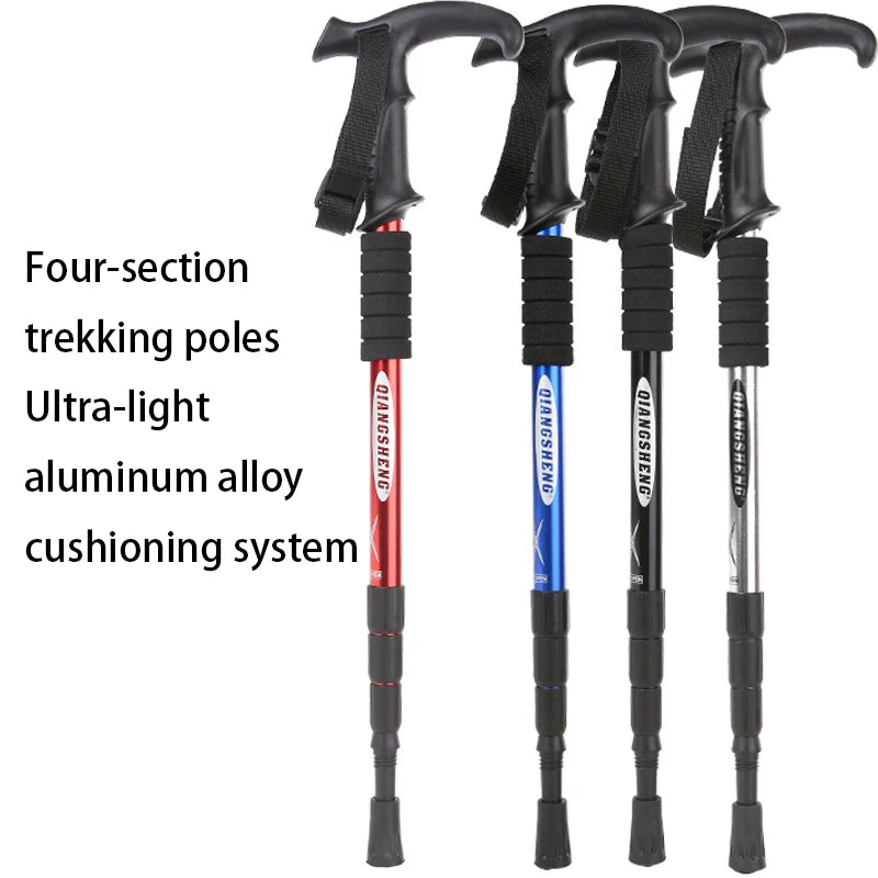 Four-section T-handle Trekking Pole Outdoor Travel Cane Climbing  Pole Aluminum Alloy Telescopic Pole Hiking Walking Stick