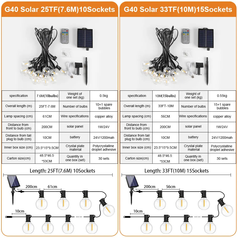 Led G40 Solar String Lights Outdoor Waterproof Garden String Lights USB Rechargeable Solar Light With Remote Decoration Light