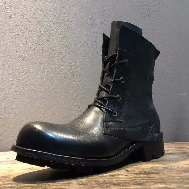 Handmade Vintage Round Toe Mens High Top Work Safety Shoes Cowhide Genuine Leather Ankle Boots Lace Up Motorcycle Riding Boots