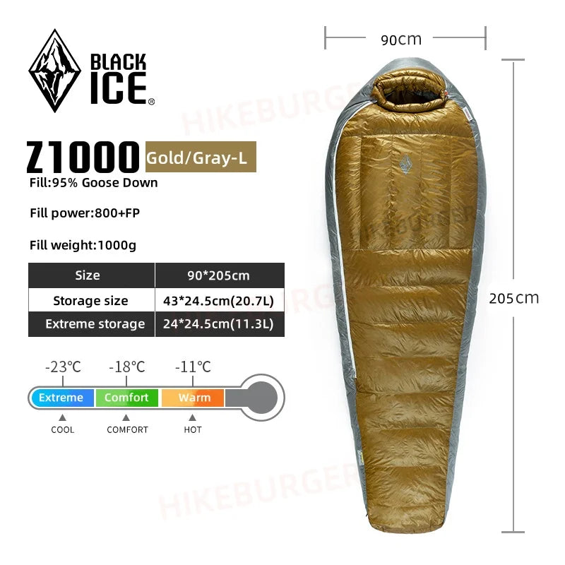 Black Ice Z-series 800FP Outdoor Camping Sleeping Bag Ultralight Coldproof Mummy Goose Down Tent Thickness Sleeping Bag