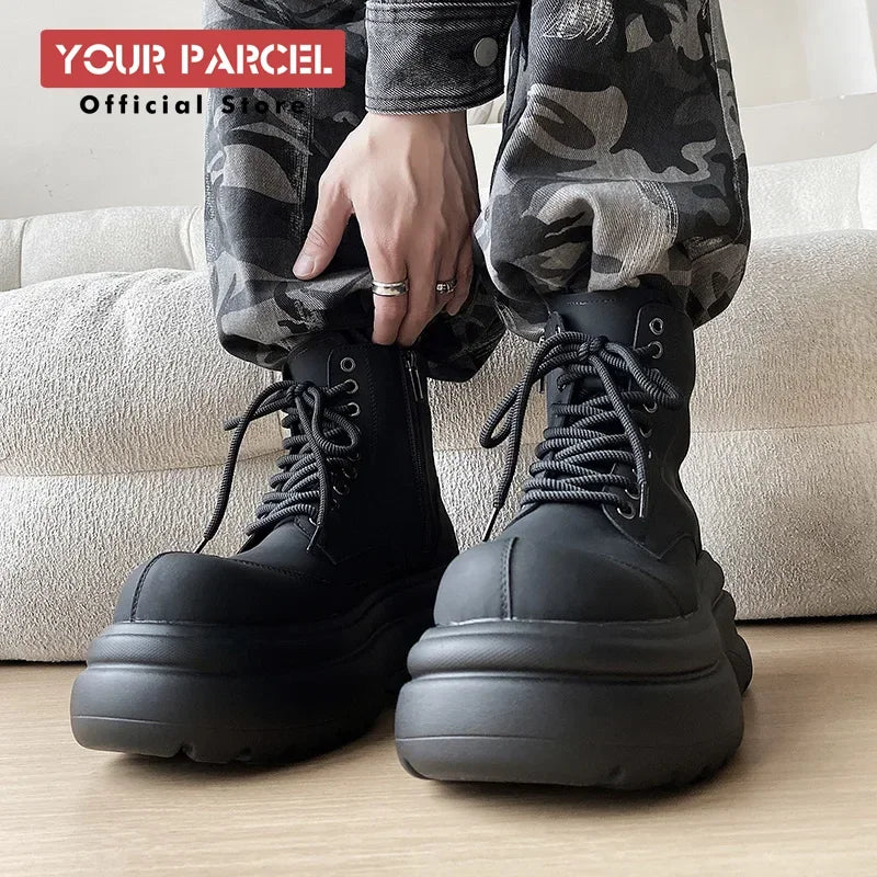 Black boots for men thick sole 7CM height increase high top motorcycle boots trendy and fashionable outdoor workwear shoes