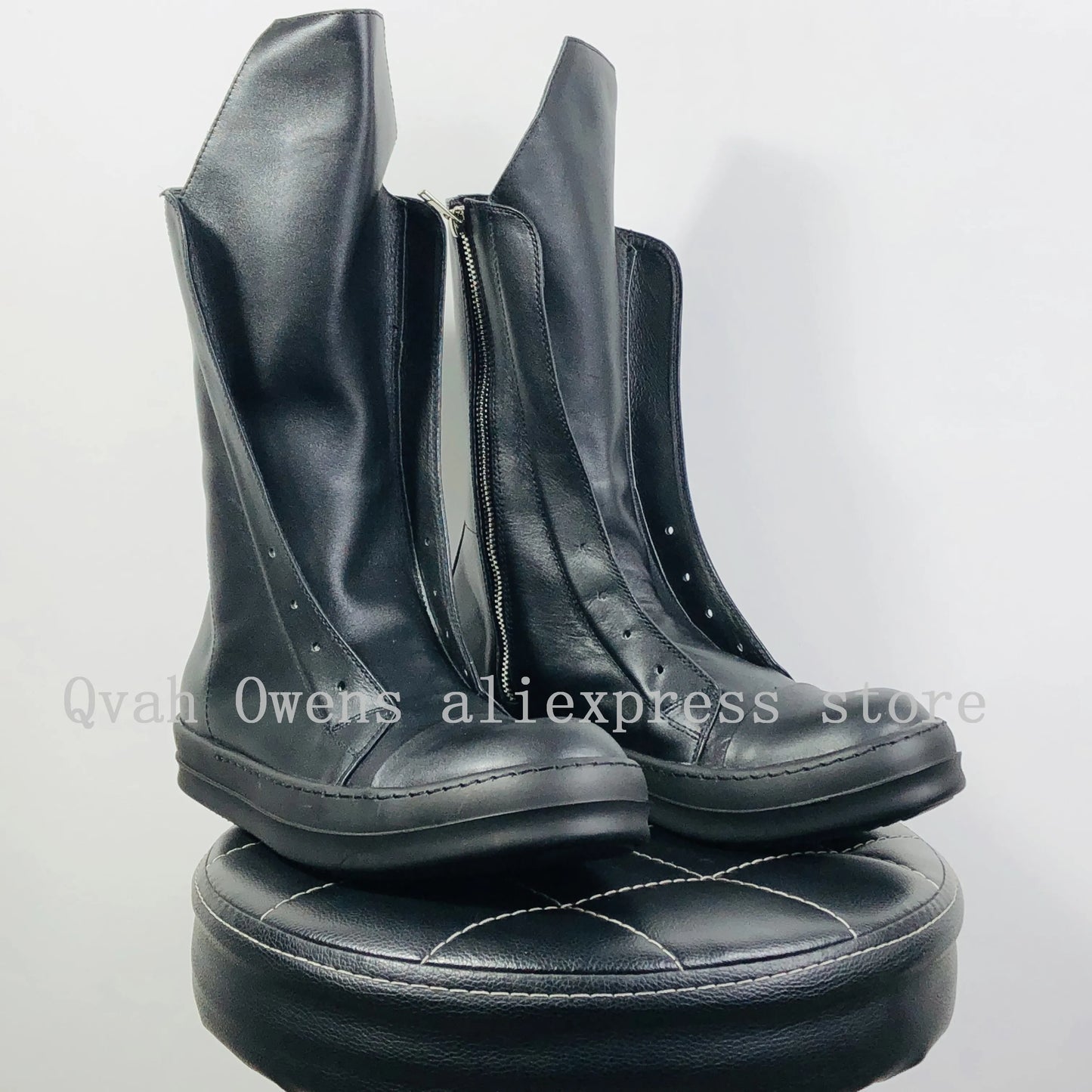 Men Casual High Top Boots Genuine Leather Luxury Trainers Lace Up Women Sneakers Zip High Street Autumn Flats Black Shoes