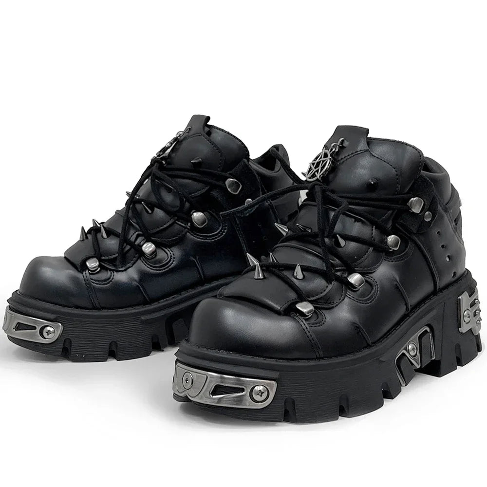 Fashion Men's Genuine Leather Motorcycle Boots,Retro Goth Punk Metal rivet Rock Skull Ankle Boots,Women Platform Work Shoes 48