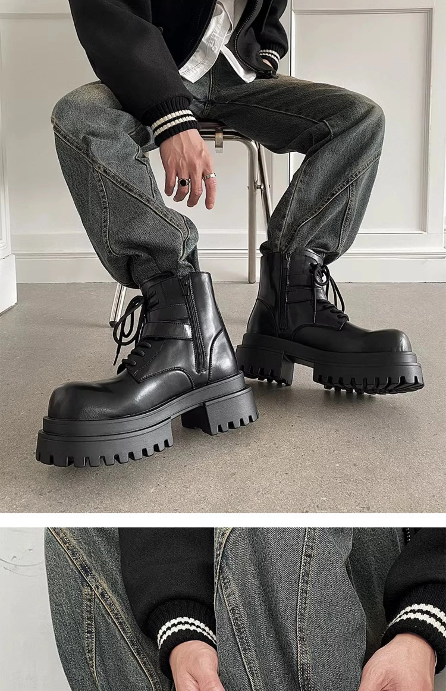 Height increased by 7CM short leather boots for men's dark punk functional motorcycle boots commuting buckle work clothes shoes