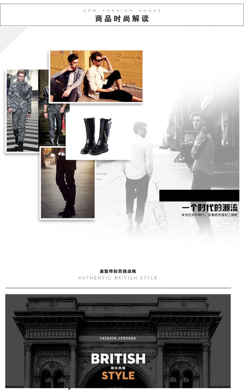 Men Motorcycle Boots  Knee High Boots Low Heels Knight Shoe man Vintage Boots male zapatos,Combat Boots Gothic Skull Punk Boots