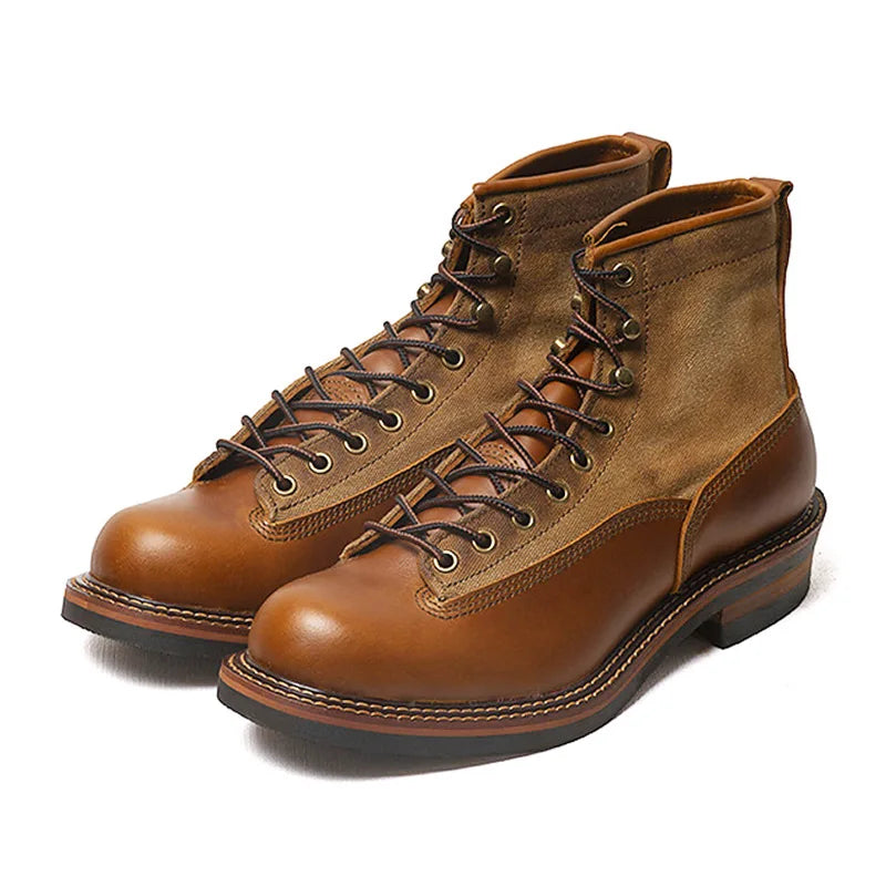 Retro Mens Motorcycle Boots Genuine Cowhide Leather Motorbike Riding Boots Vintage Hight-Top Moto Boots Motocross Ankle Shoes