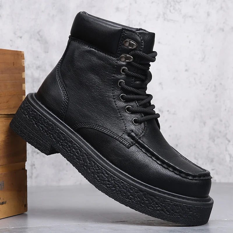 Leather Male Casual Shoes High Quality Comfortable Motorcycle Boots New High Top Man Botas Fashion Mens Lace Up Walking Boots