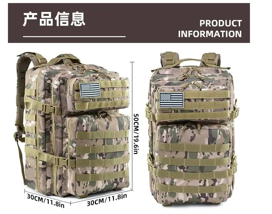 50L 1000D Nylon Waterproof Tactical Military Backpack 3 Day Assault Pack Molle Bag Outdoor Hiking Climbing Camping Army Rucksack