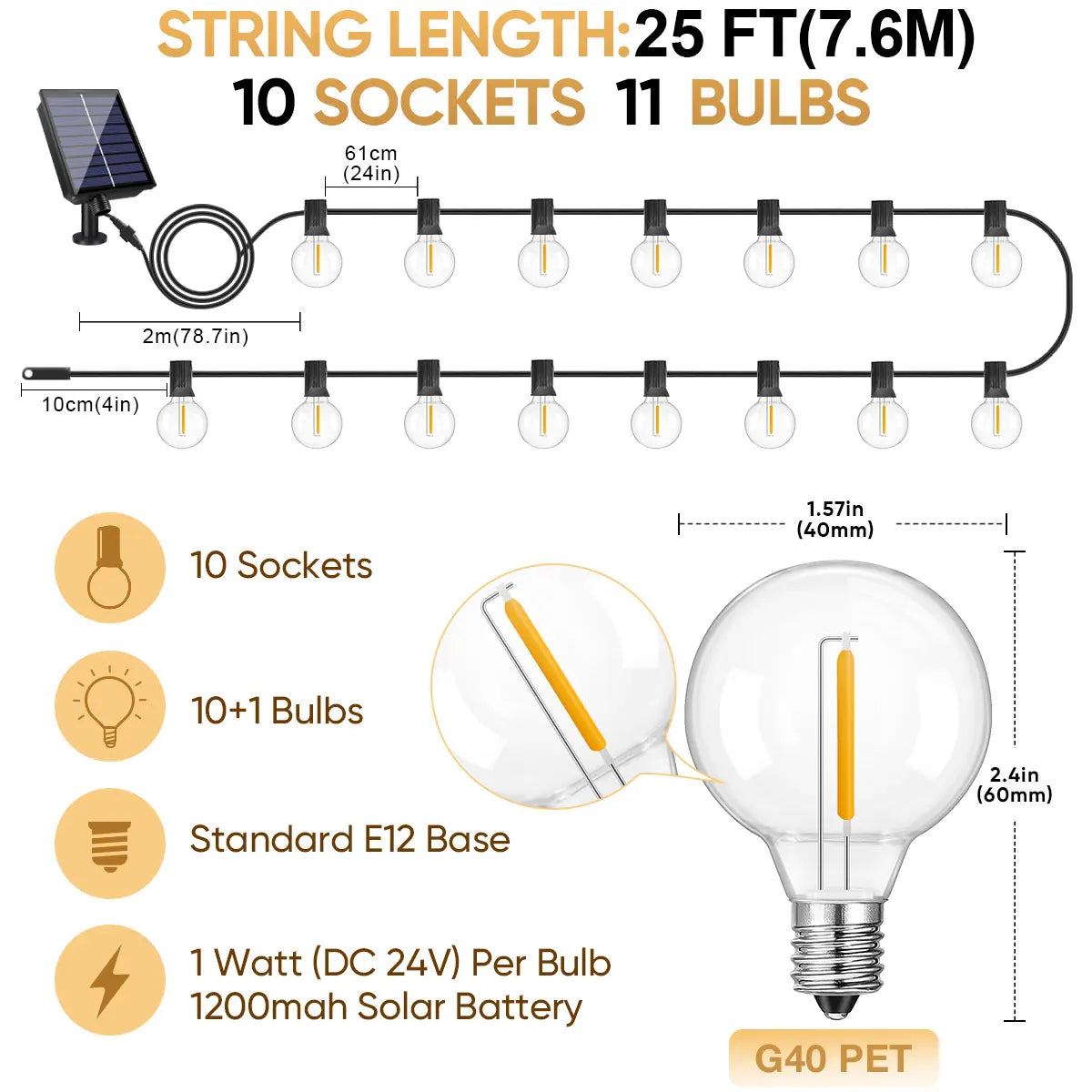 Led G40 Solar String Lights Outdoor Waterproof Garden String Lights USB Rechargeable Solar Light With Remote Decoration Light