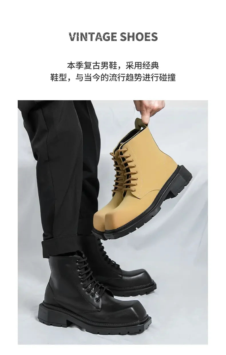 Large Men's Autumn High Top Casual British Motorcycle Shoes, Retro Trendy Brand Height Increasing Big Head Leather Boots