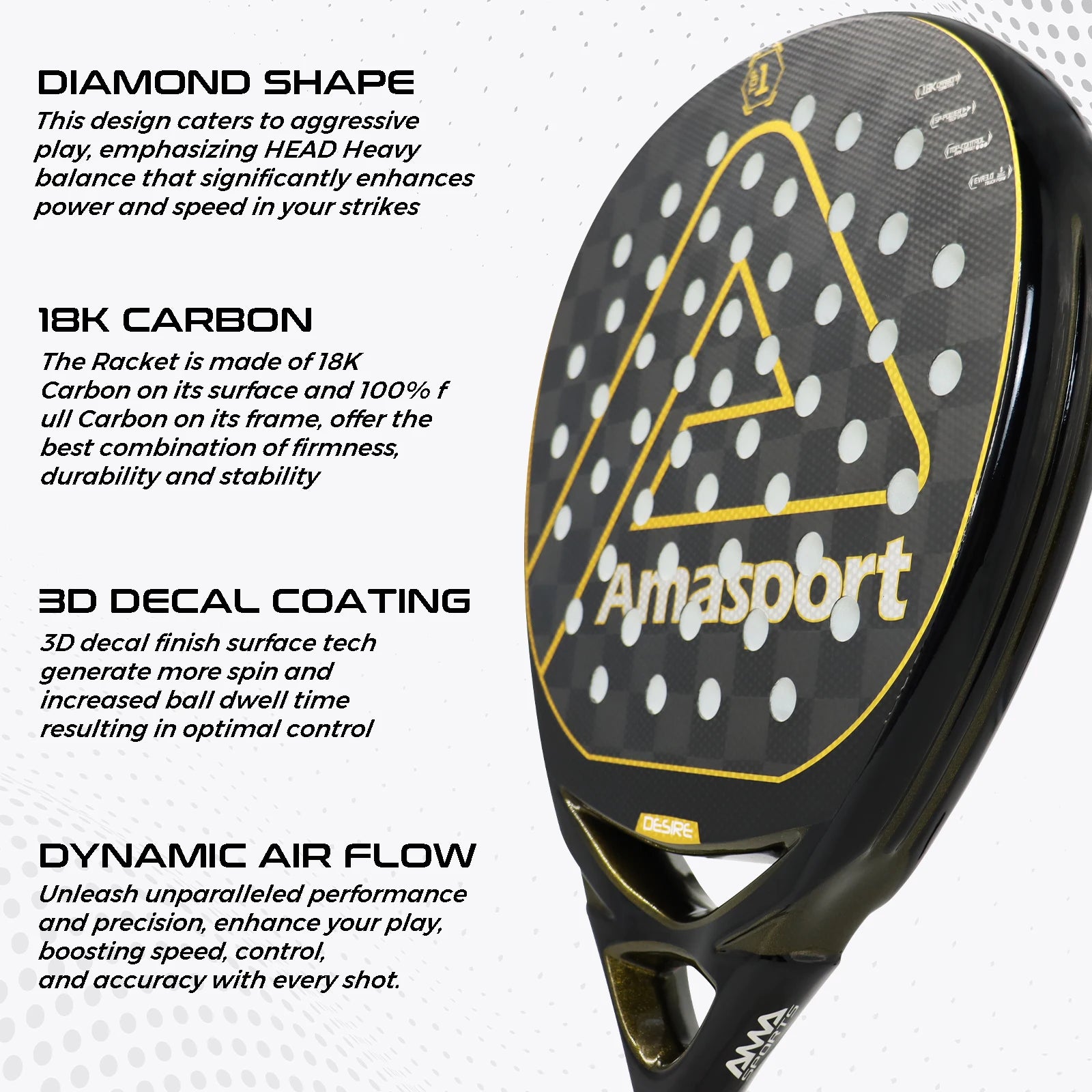 AMASPORT 3k/12k/18k Padel Tennis Racquets High Density & Quality With Padel Bags For Racket EVA Memory Flex Foam Core For Unisex