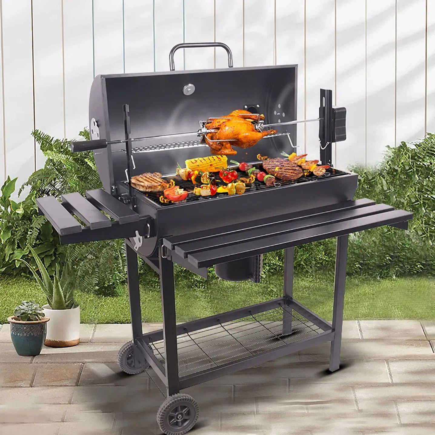 Portable Oil Drum Barrelbackyard Charcoal, Barbeque BBQ Grills Equipped with Electric Rotating Grilling Bracket