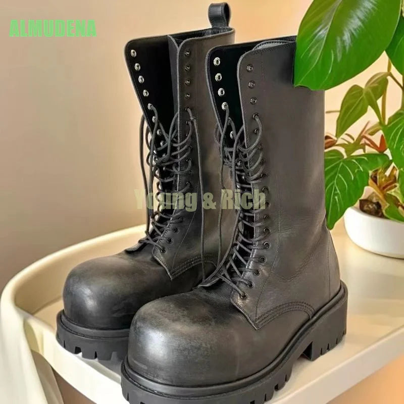 Black Leather Motorcycle Men's Boots Leather Shoes Thick Heel Round Toe Height Increasing Lace Up Work Boots Botas Mujer