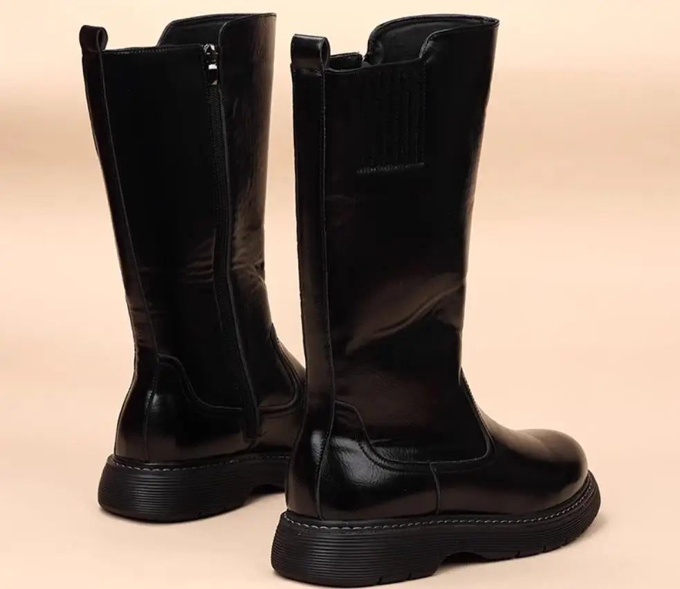 Size 38-43 Top Quality Mid Calf Punk Style Motorcycle Riding Boots Men Shoes Fall Winter Flat Heels Long Boots Male