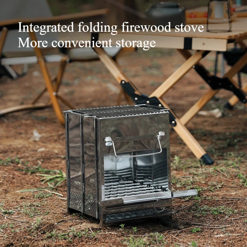 Wood Stove Portable Foldable Stainless Steel Camping Stove With Mini Charcoal Grill Lightweight Barbecue Grill