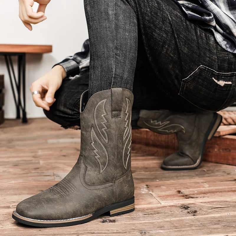 Western Style Cowboy Chelsea Boots Vintage Mid-calf Boots Pointed Toes Classical Shoes Genuine Leather Worker Winter Booties