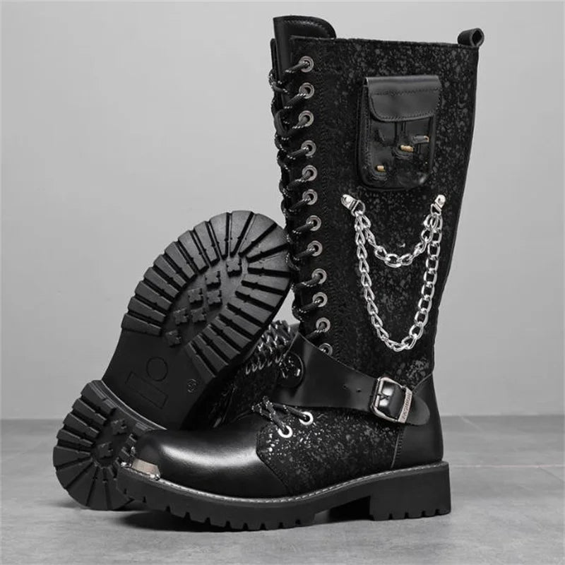 Men Motorcycle Boots Mid-calf Breathable Combat Boots Gothic Belt Punk Boots Men Shoes Hightop Casual  Metal toe boots 38-46