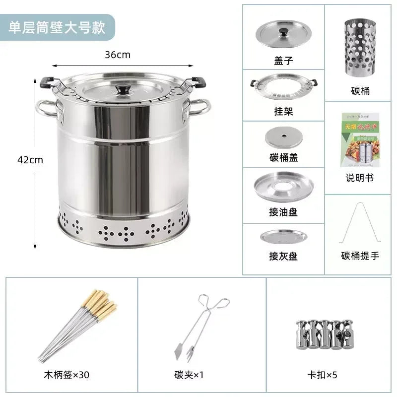 Smokeless Barrel BBQ Grill, Charcoal Rotisserie for Home, Commercial, Outdoor Meat Skewer, Portable Roaster