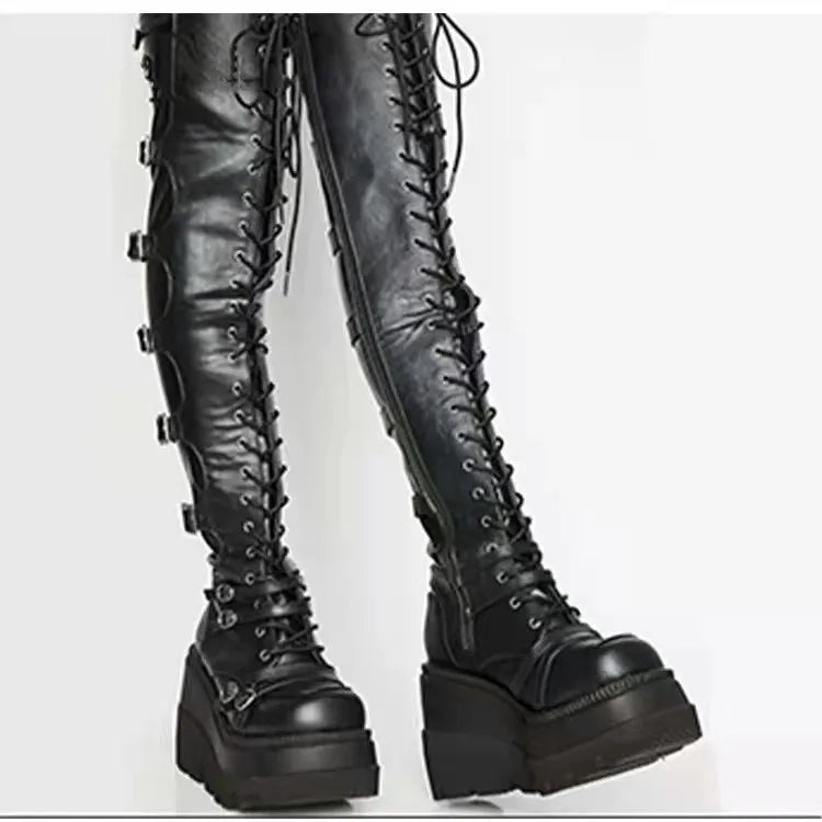 Gothic Long Boots for Women Platform Knee High Boots Punk Black Sexy Motorcycles Boots New Halloween Cosplay Women Shoes