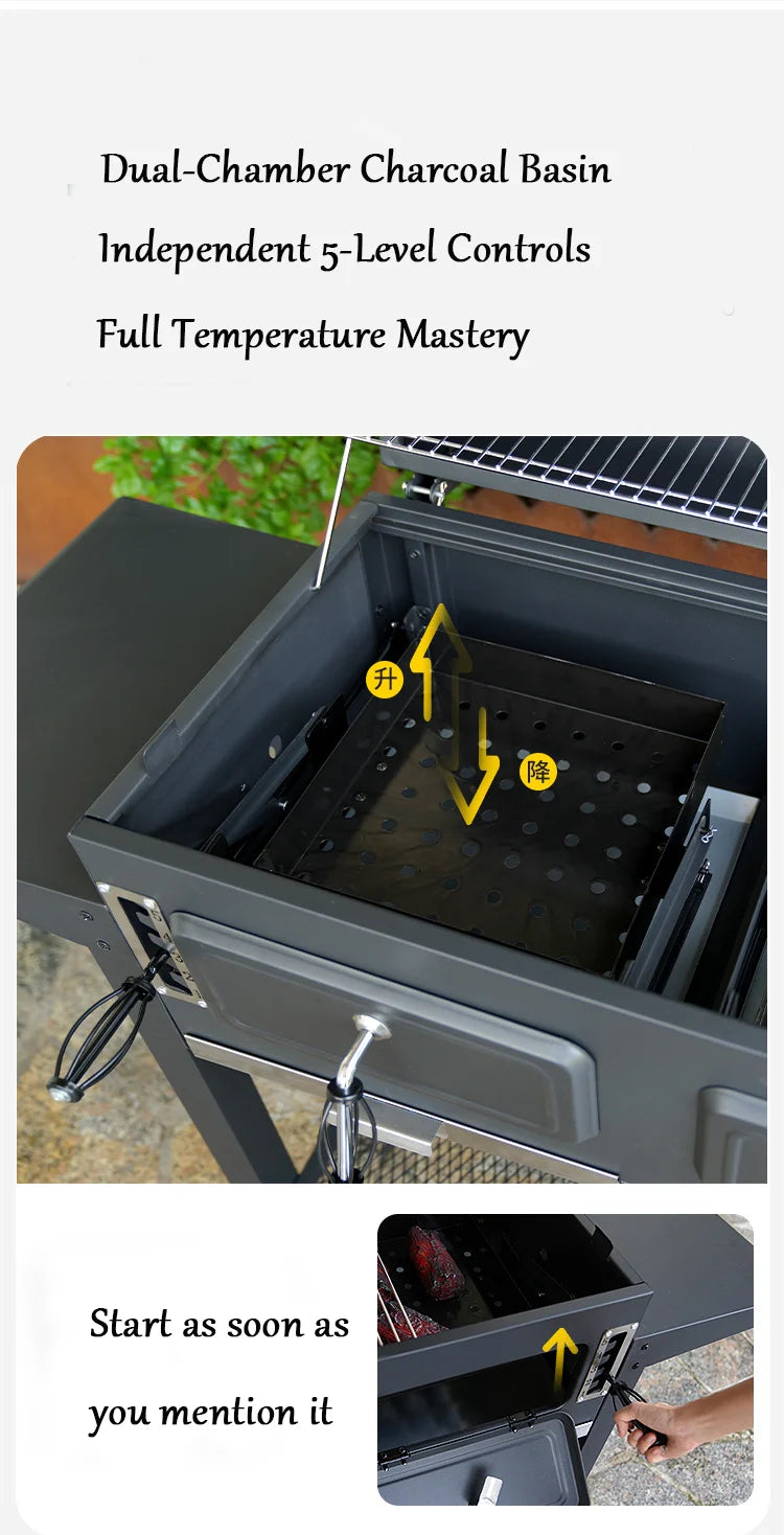 Portable Outdoor Bbq Wood  Grills Large Duty Charcoal Bbq Grill Trolley Smoker Barbecue Grill With Foldable Double Side Table