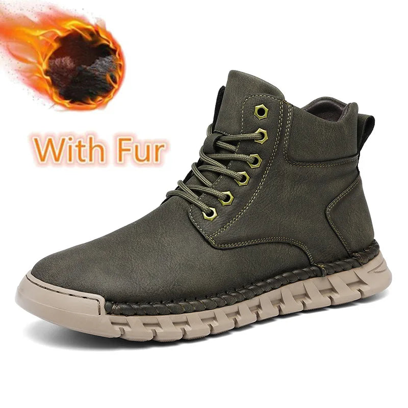 Lace-Up Men's High Top Shoes Classic Winter Men Ankle Boots Version Casual Motorcycle Boots Male Winter Plush Snow Leather Botas