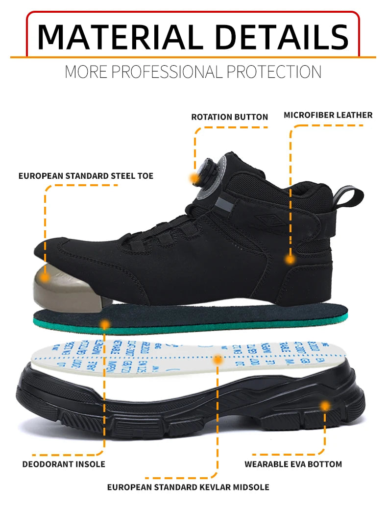 Waterproof Men Boots Rotating Buttons Safety Shoes Men Puncture-Proof Work Boots Steel Toe Shoes Light Indestructible Shoes