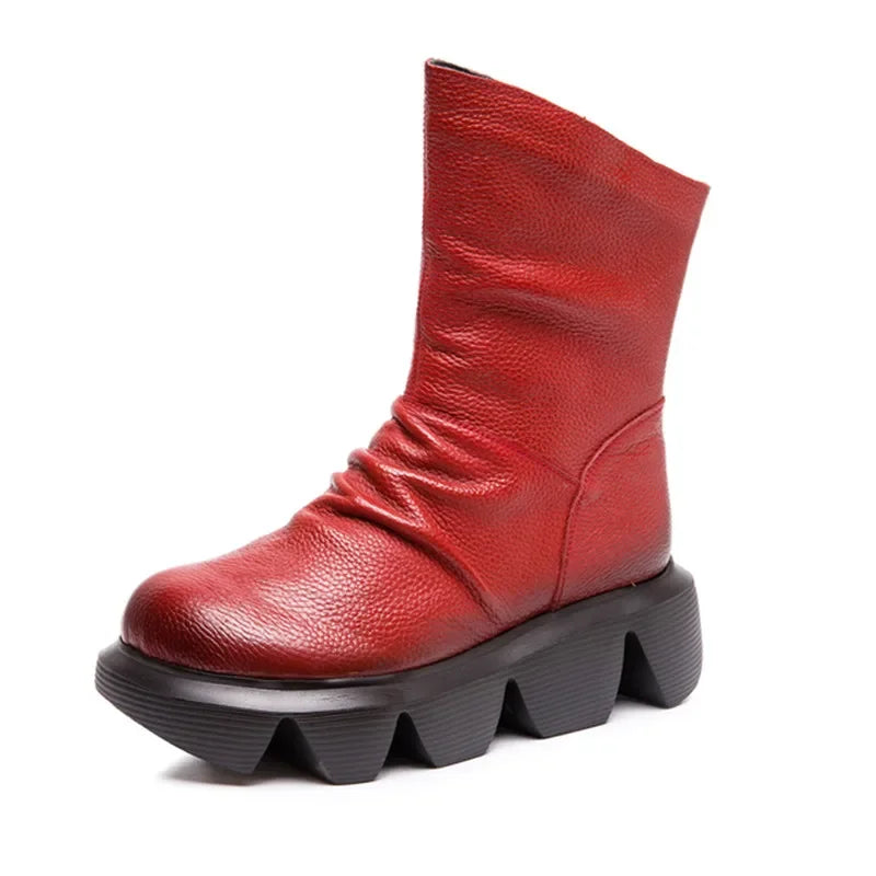 BEYARNE Ankle Boots Women Genuine Cow Leather Platform Bootie Side Zipper Soft Comfortable Autumn Winter Ladies Shoes Handmade