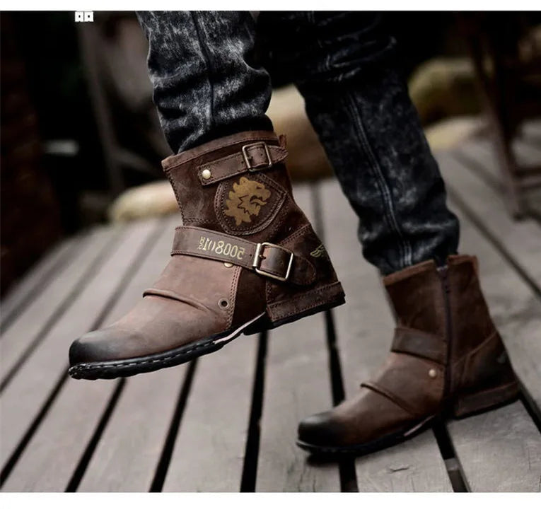 2025 New In Men Boots Luxury Handmade Men Ankle Boots Metal Buckle Zipper Motorcycle Boots Outdoor Plus Size 39-48 Punk Bottines