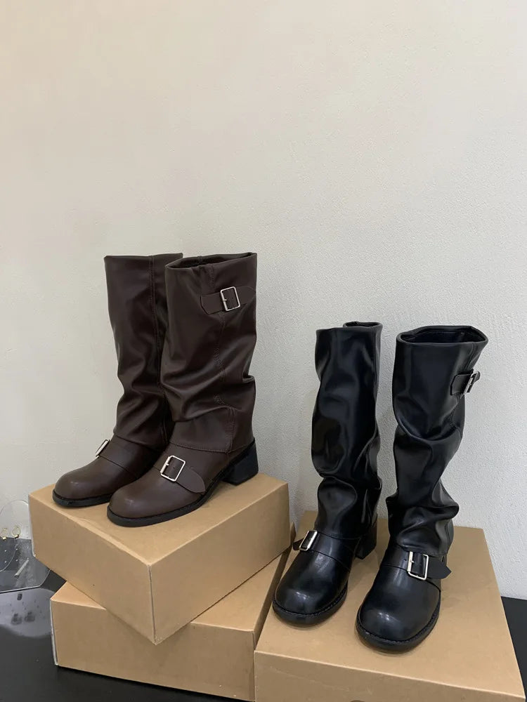 Woman Boots Knee High Platform Heels Trend Punk Gothic New Rock Leather Fashion Women Shoes Motorcycle Footwear Zapatos De Mujer