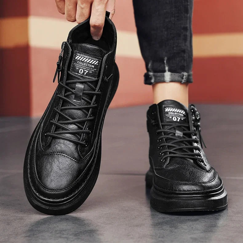 Leather Boots for Men Zipper Man Sneakers Fashion Ankle Boots High Top Man Boots Solid Sports Shoes 2024 Trend Motorcycle Boot