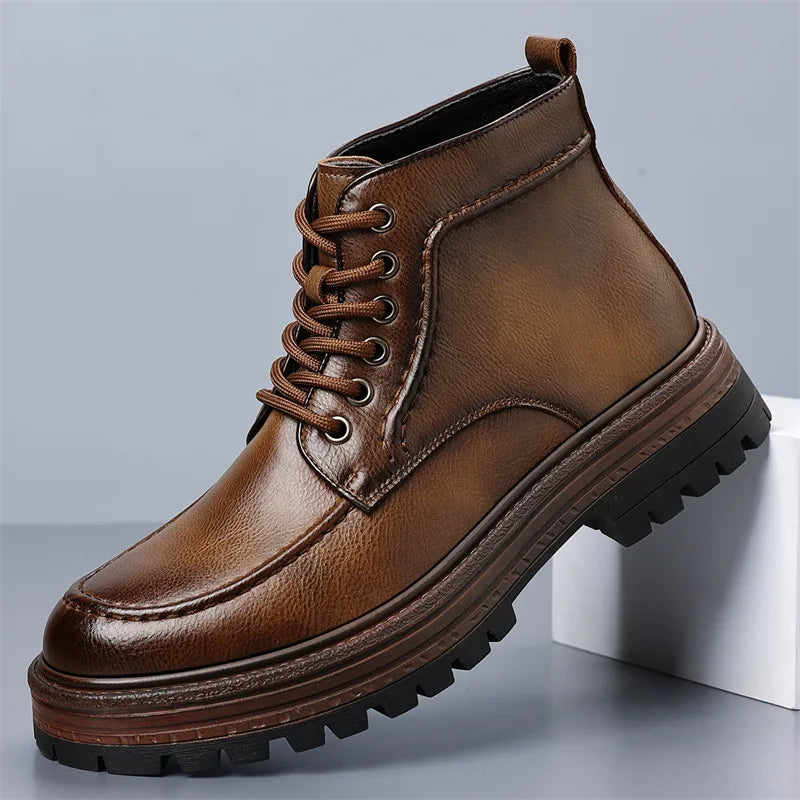 2025 Autumn Winter New Platform Boots for Men Keep Warm Fashion Casual Ankle Boot Male Solid Color Outdoor Cow Leather Shoes Man