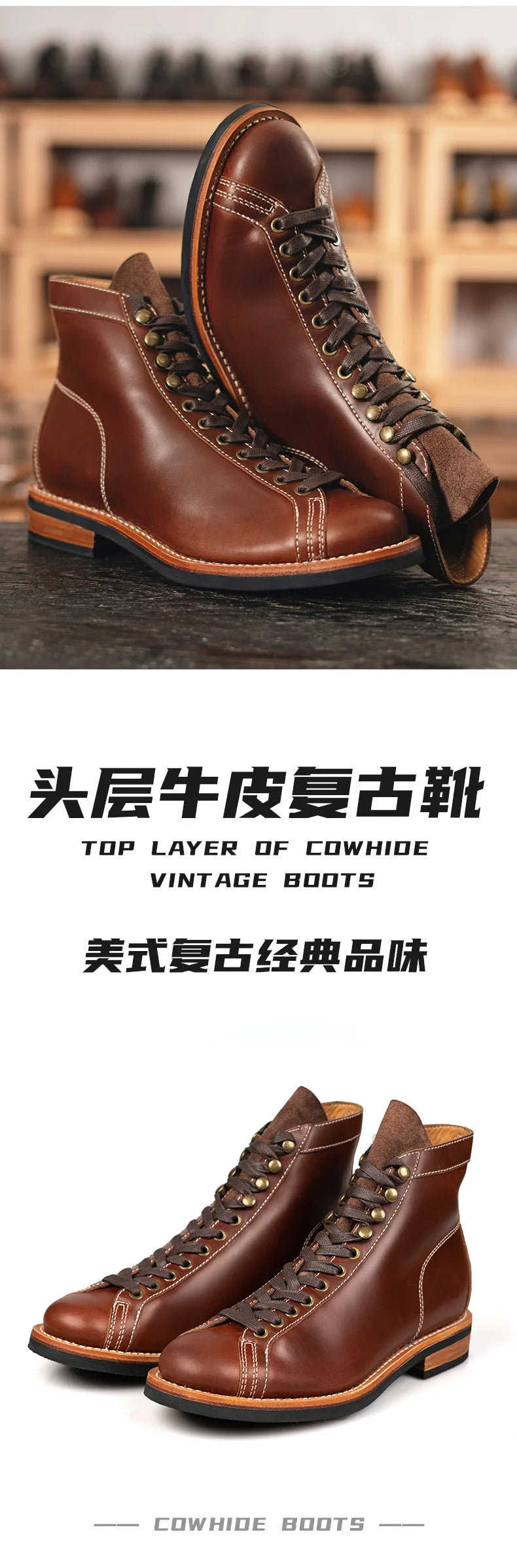 Cowhide High Top Motorcycle Boots Vintage Men Moto Ankle Boots Motocross Thick Soled Riding Boots Walking Shoes Moto Equipment