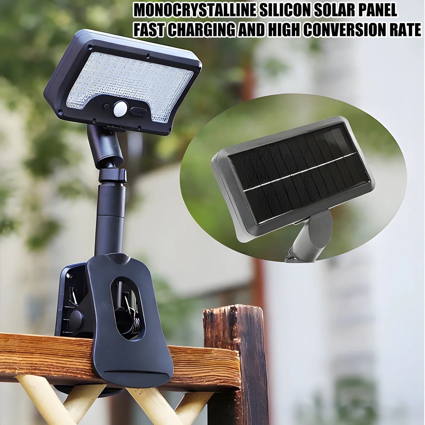 360° Rotatable Solar Motion Sensor Lights Outdoor Vertically Adjustable 4 Modes Waterproof Fence Clip-on LED Lamp for Camping