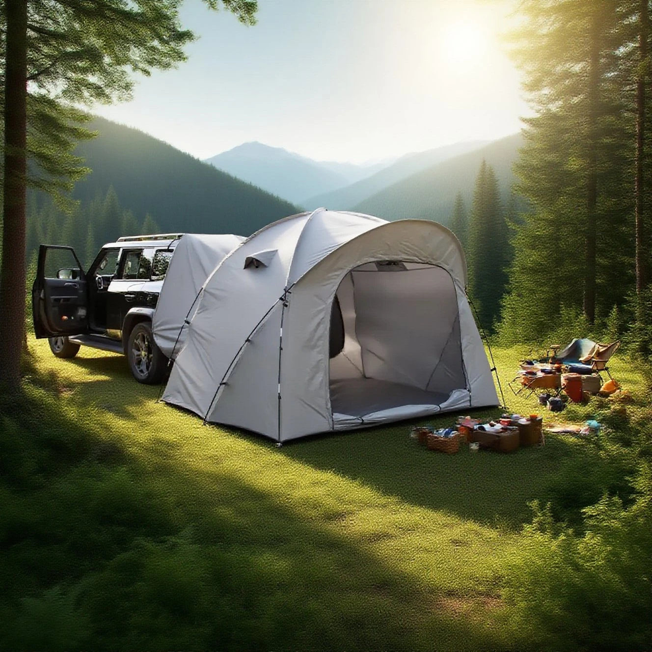 3-4 Person SUV Camping Tent PU4000 Waterproof with Mesh Bug Door, Cross-Ventilated Quick-Pitch Design, Built-In Floor
