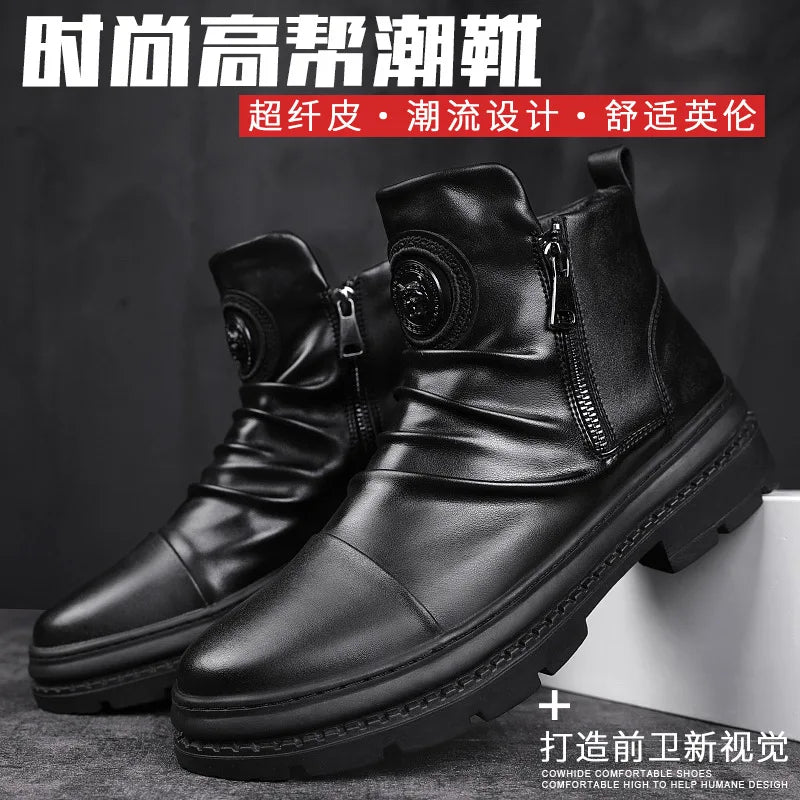 Luxury Men's Ankle Boots New High Top Men Shoes Motorcycle Leather Boots Zipper Retro Men's Boots Casual Shoes Bota Masculina