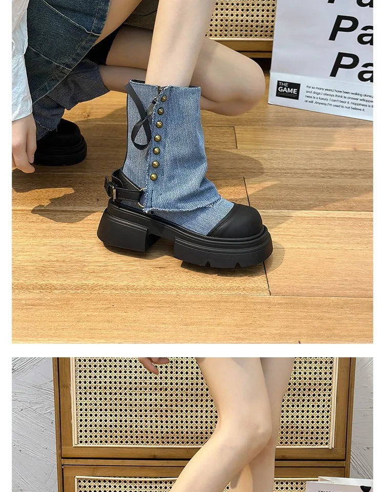 Fall Student Fashion Ankle Boots New Canvas Cowboy Shoes Women's Outdoor Platform Boots Luxury Designer Brand Motorcycle Boots
