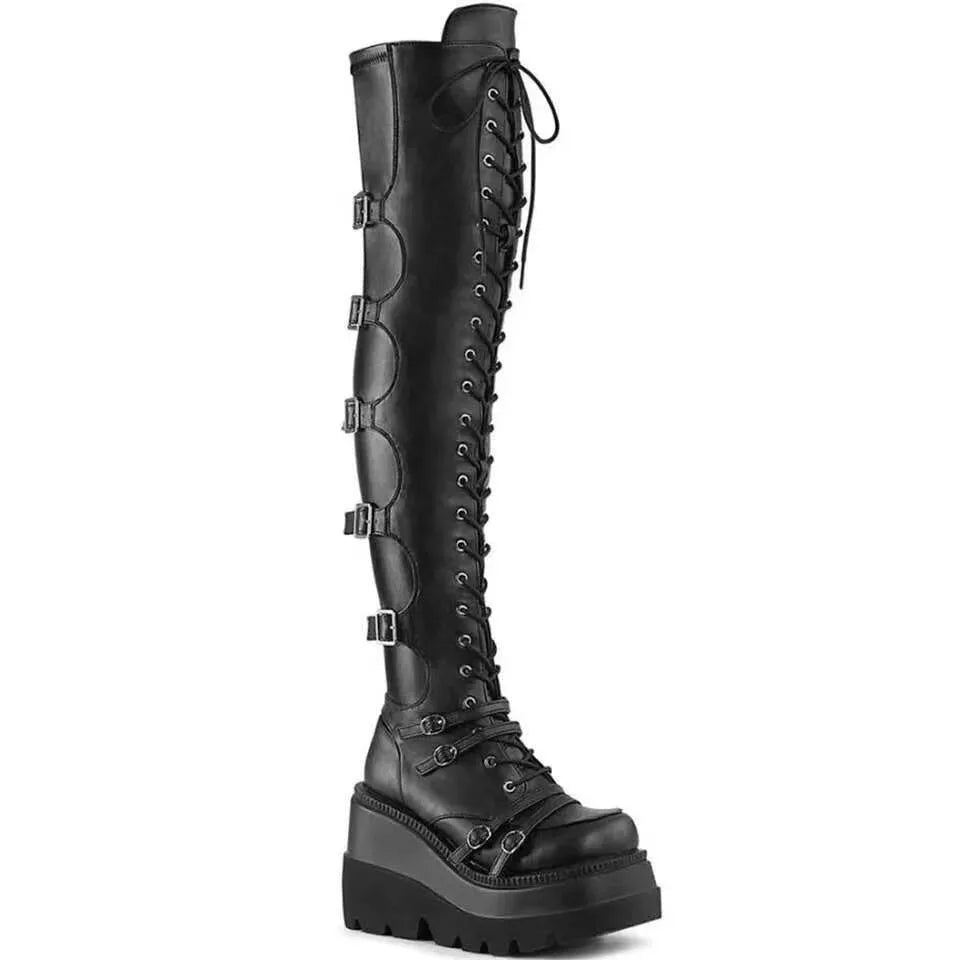 Gothic Long Boots for Women Platform Knee High Boots Punk Black Sexy Motorcycles Boots New Halloween Cosplay Women Shoes
