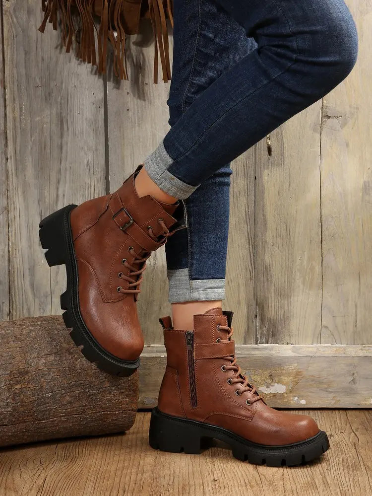 Platform Women Boots Fashion High Quality Women Ankle Boots Retro Round Toe  Motorcycle Boots Punk Style Women Shoes Botas Mujer