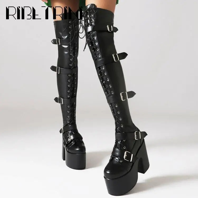 Punk Goth Women Motorcycle Boots Block High Heels Platform Shoes  Woman 2024 New Brand Luxury Fashion Design Cool Street Boots