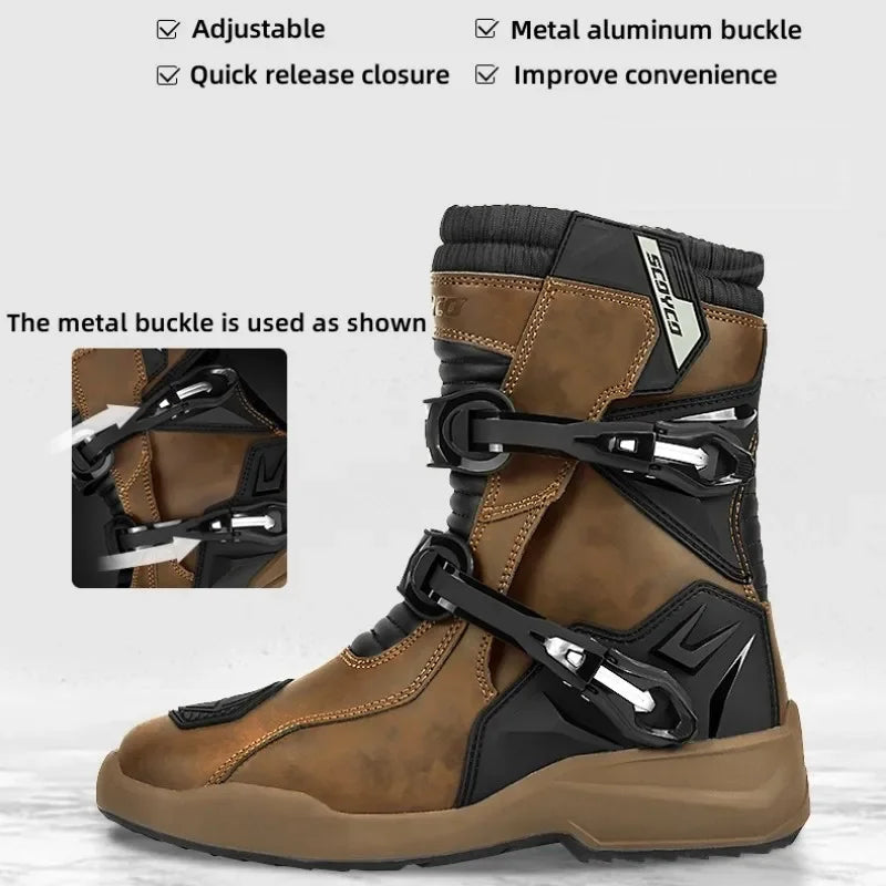 Scoyco Enduro Motorcycle Boots Man Waterproof Motorcyclist Shoes Brown Leather Motocross Boots Anti-slip Motorcycle Accessories