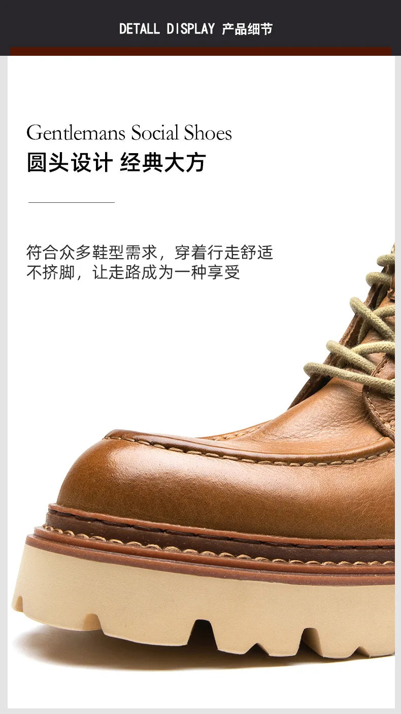 Men's Motorcycle Boots Genuine Leather High Top Motorbike Ankle Boots Thick Soled Vintage Round Toe Casual Punk Dress Shoes