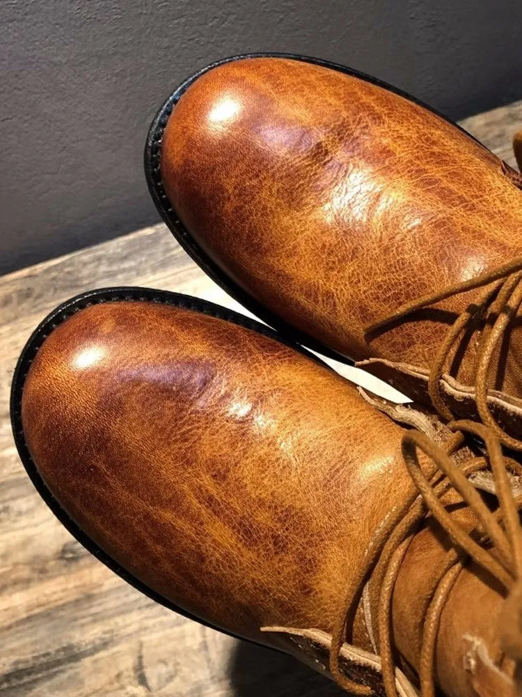 Handmade Vintage Round Toe Mens High Top Work Safety Shoes Cowhide Genuine Leather Ankle Boots Lace Up Motorcycle Riding Boots