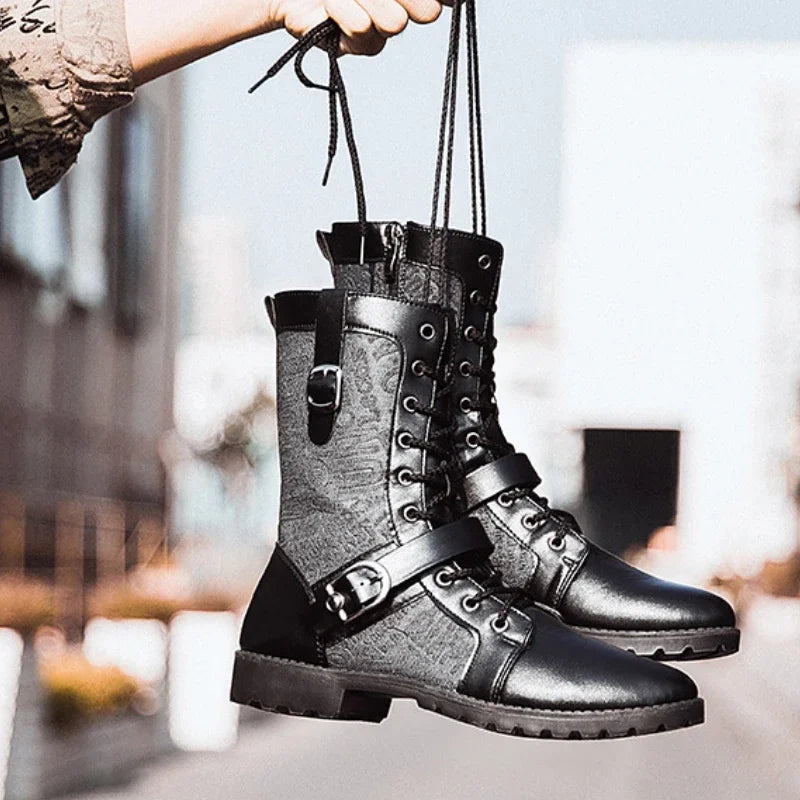 2025 Fashion Man Ankle Boots Lace Up  Platform Leather Shoes Motorcycle Retro Boots Britain Warm Male Platform Mid Calf Boots