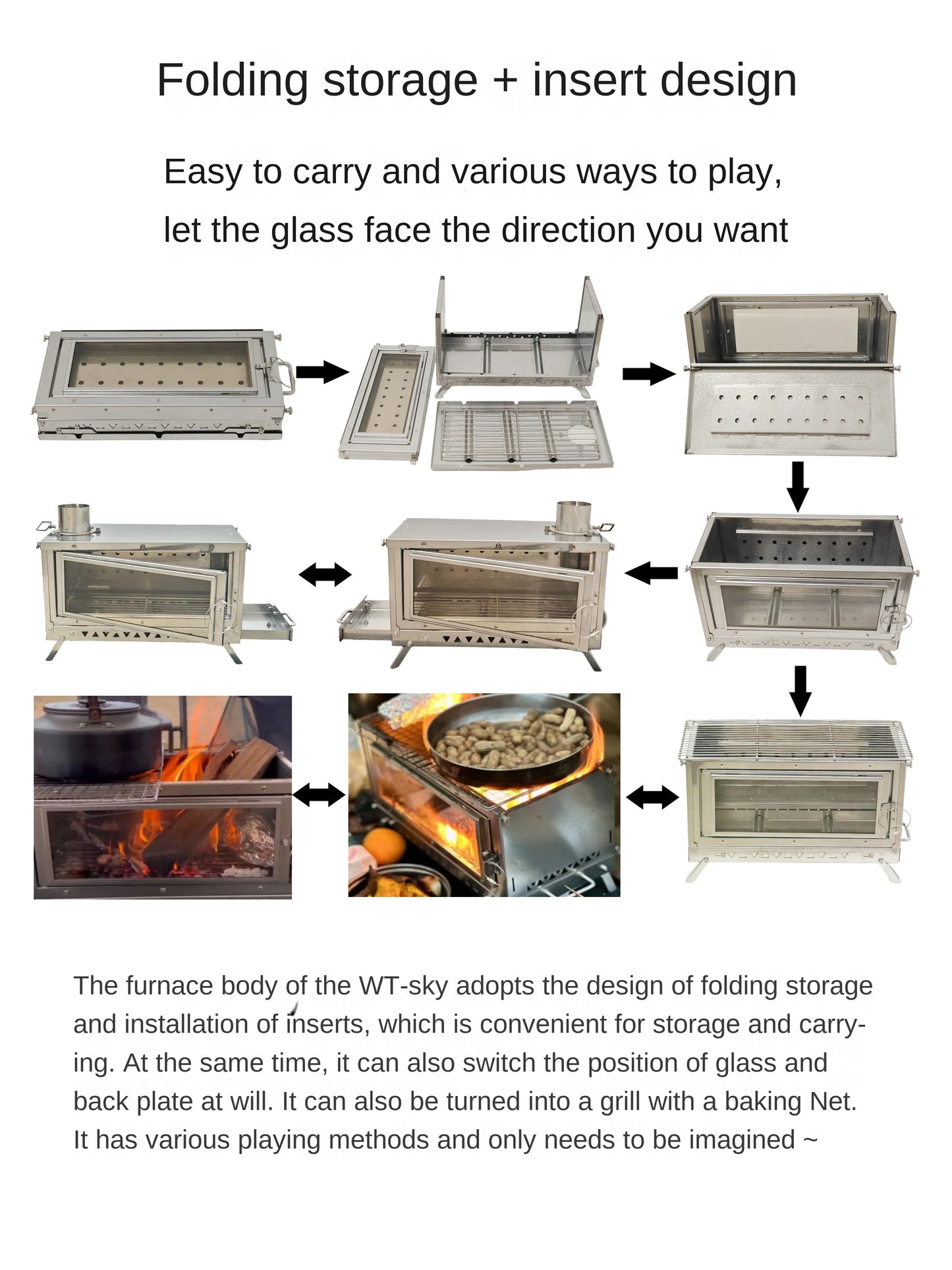 WT-Sky-430 Folding Fireplace Multifunctional Wood Stove Secondary Air Intake Outdoor Camping Heating Stove