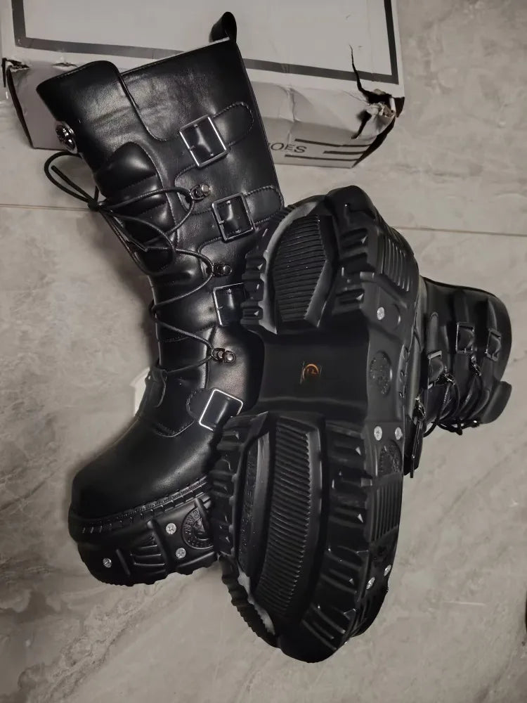 2025 Spring, Autumn and Autumn New Punk Style Women's Platform Spice Girls Metal Rock Motorcycle Fried Street Middle Boots Men
