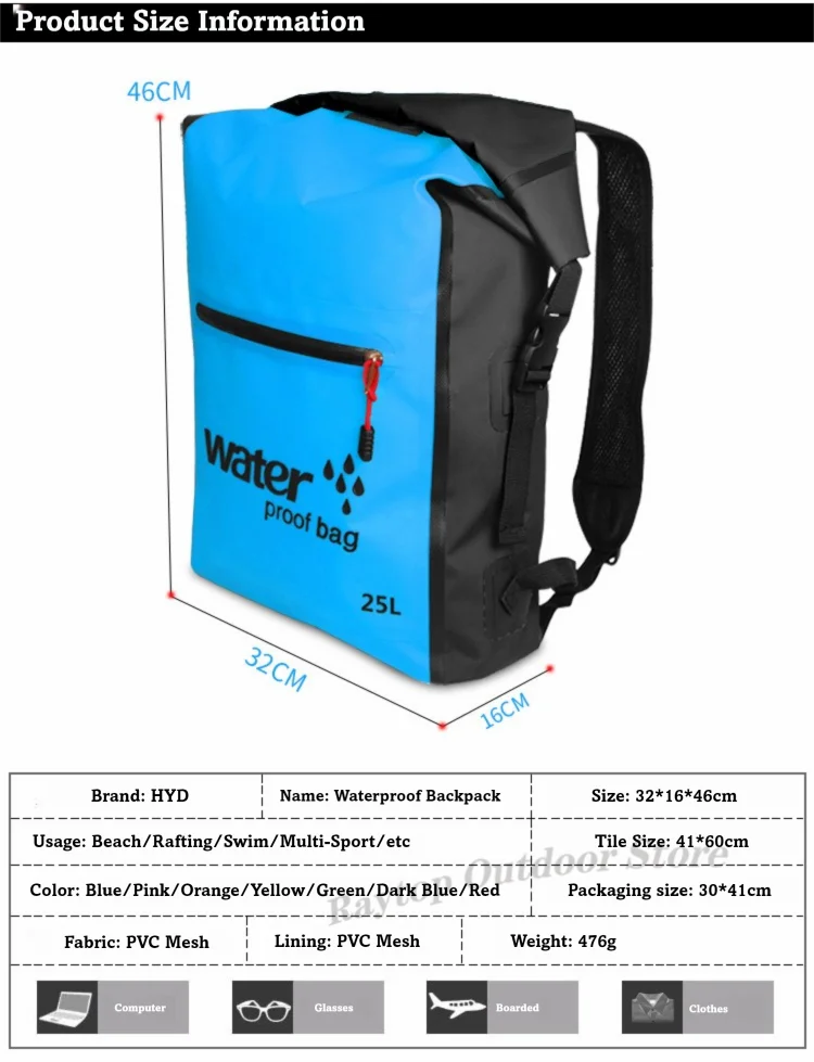 25L Foldable Hiking Bag Durable PVC Waterproof Rolltop Rucksack Backpack Abrasion-Resistant Shoulder Pack for Outdoor Adventures