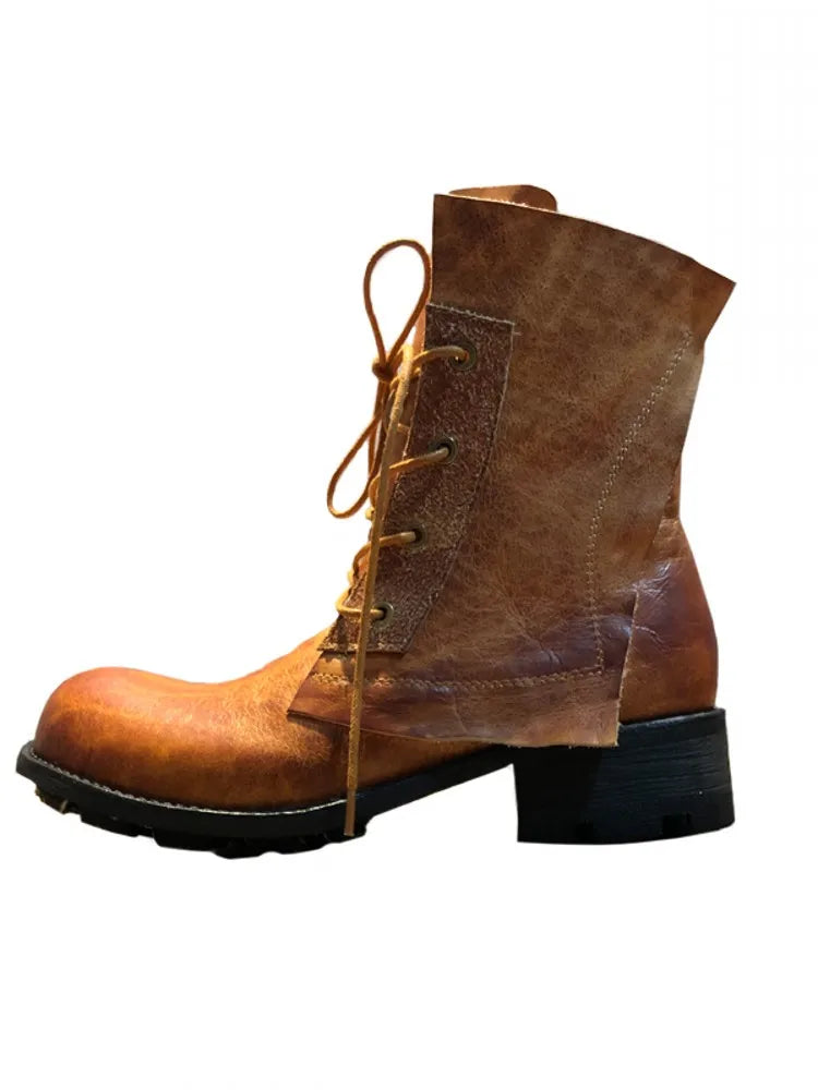 Handmade Vintage Round Toe Mens High Top Work Safety Shoes Cowhide Genuine Leather Ankle Boots Lace Up Motorcycle Riding Boots