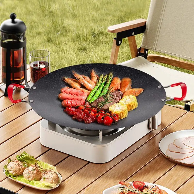 Stove Top Grill Korean Pan Camping Stove Grill Round Griddle Pan Non-Stick Indoor Korean Grill Korean Barbecue Grill With Handle